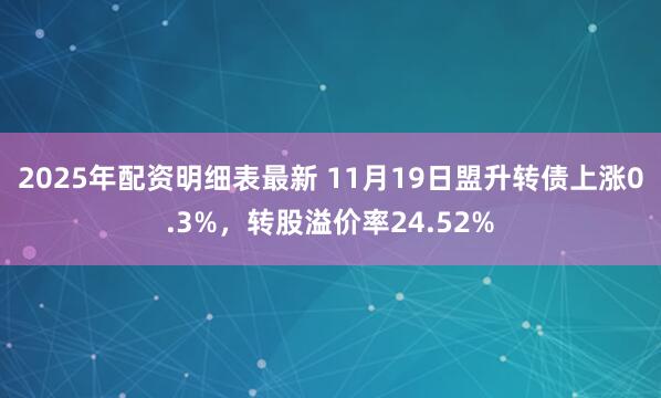 2025年配资明细表最新 11月19日盟升转债上涨0.3%，转股溢价率24.52%